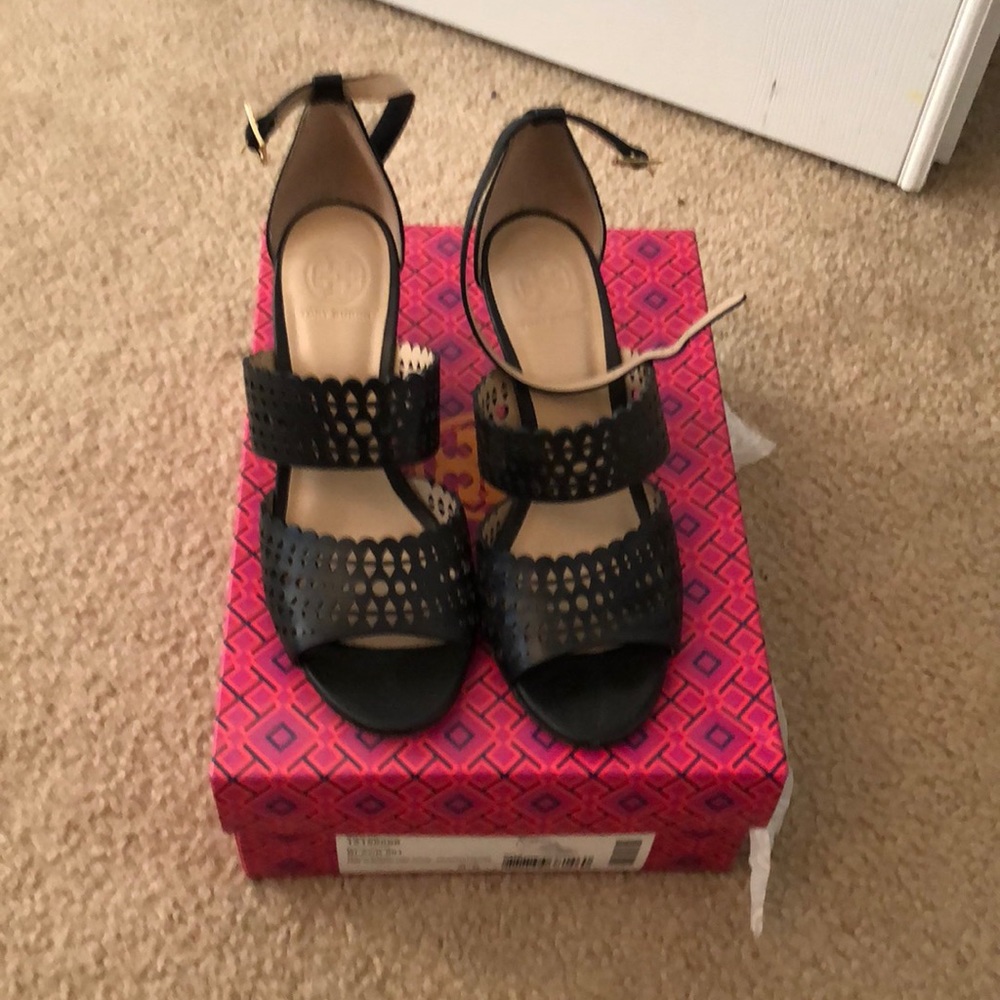 Tory Burch black wedge sandles.